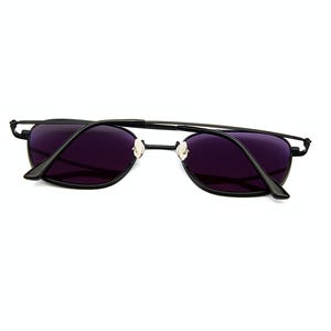May include: A pair of sunglasses with a thin black metal frame and dark purple tinted lenses. The glasses feature a straight top bar connecting the two rims, adjustable nose pads, and black temple arms that are folded inward toward the center.
