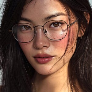 May include: A portrait of a person wearing round, thin-framed spectacles. The person has dark hair, brown eyes, and a delicate gold necklace with a pearl pendant. The skin has a natural, slightly flushed appearance.