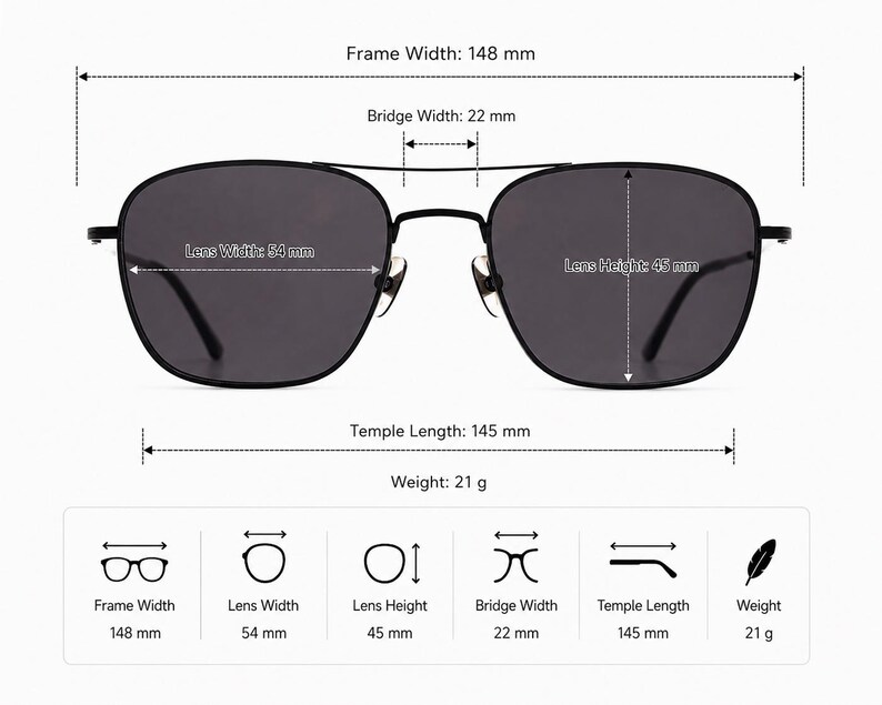 May include: Black sunglasses with a double bridge design and dark lenses. Technical specifications are labeled: frame width 148 mm, bridge width 22 mm, lens width 54 mm, lens height 45 mm, temple length 145 mm, and a total weight of 21 grams.