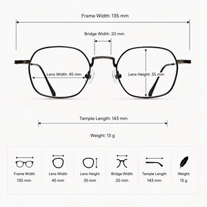 May include: Black-rimmed glasses with a frame width of 135 mm, bridge width of 20 mm, lens width of 45 mm, and lens height of 35 mm. The temple length is 143 mm and the total weight is 13 g. The image includes technical diagrams and labels.