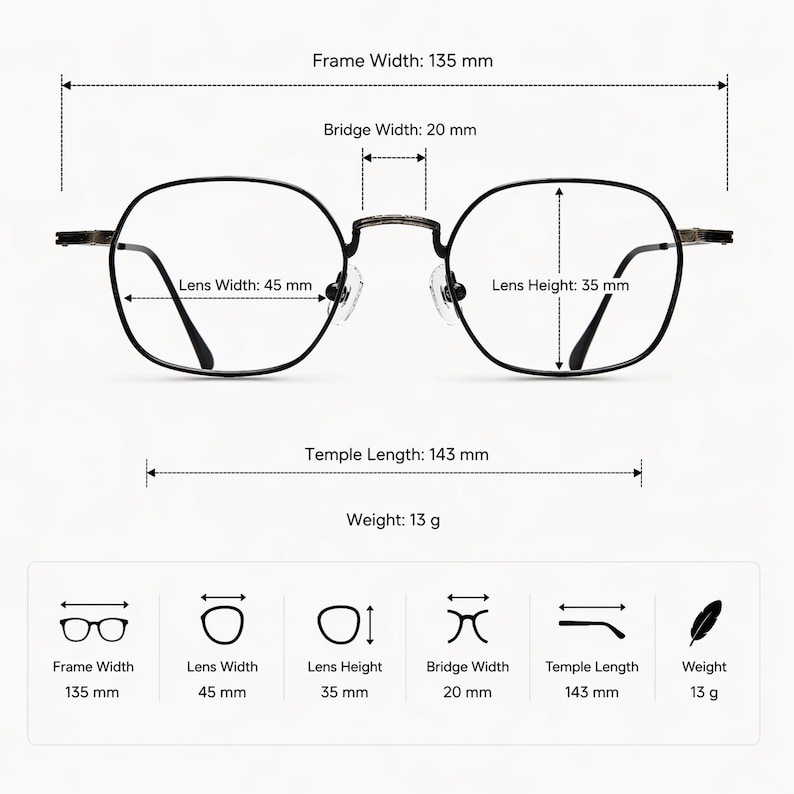 May include: Black-rimmed glasses with a frame width of 135 mm, bridge width of 20 mm, lens width of 45 mm, and lens height of 35 mm. The temple length is 143 mm and the total weight is 13 g. The image includes technical diagrams and labels.