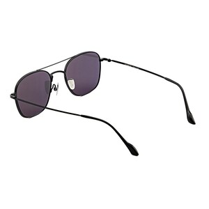 May include: Aviator sunglasses featuring a thin black metal frame and dark tinted lenses. The design includes a double bridge across the top, adjustable nose pads, and slender black temples that curve at the ends for a secure fit.