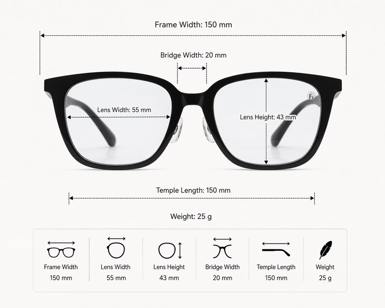 K&ouml;nnte beinhalten: Brille mit schwarzem Rahmen und klaren Gl&auml;sern. Die Rahmenbreite betr&auml;gt 150 mm, die Glasbreite 55 mm, die Glash&ouml;he 43 mm, die Stegbreite 20 mm und die B&uuml;gell&auml;nge 150 mm. Gewicht: 25 g.