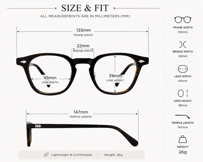 May include: Tortoiseshell glasses with a frame width of 135mm, bridge width of 22mm, lens width of 45mm, lens height of 39mm, and temple length of 147mm. The text SIZE & FIT, ALL MEASUREMENTS ARE IN MILLIMETERS (MM), and WEIGHT: 26g are visible.