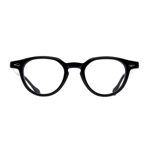 May include: Black eyeglasses with a round frame design. The glasses have a thick, glossy black frame and clear lenses. The temples have a small, silver accent. The overall style is classic and modern.