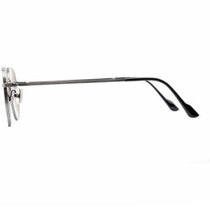 May include: A pair of eyeglasses shown from a side profile view, featuring thin metallic silver frames, clear lenses, and slender temples that transition into black plastic tips at the ends, designed with a simple and functional structure.
