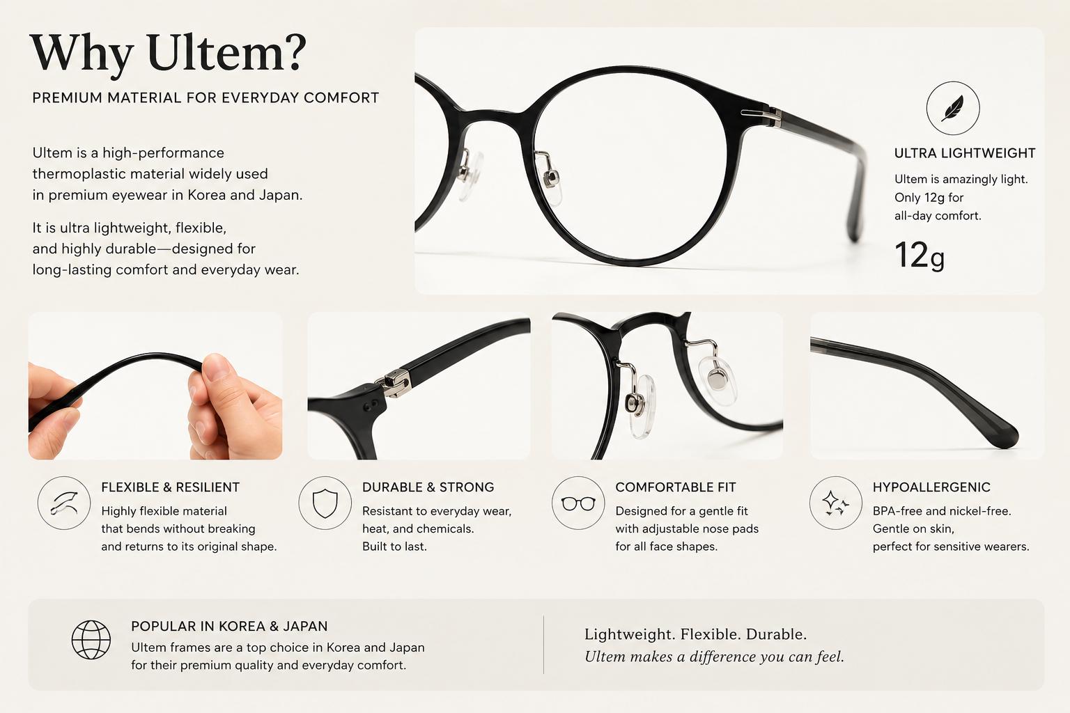 Everyday Lightweight Eyeglasses | Ultem Round Eyeglasses | Minimalist Korean Design Asian Fit | Unisex Prescription Optical Frame — view 9