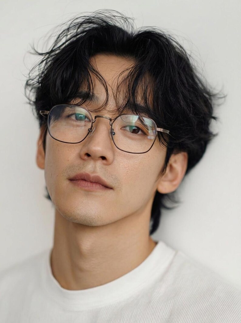 May include: A pair of eyeglasses with thin, metallic, rectangular frames featuring rounded corners. The glasses have clear lenses and are positioned on a face with dark, wavy hair and a white shirt, highlighting the frame's simple design.