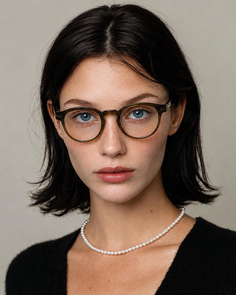 May include: Round olive green acetate eyeglasses with a keyhole bridge and clear lenses. The frames feature a smooth, polished finish and are worn with a simple white pearl necklace and a black textured top, creating a classic and neutral look.
