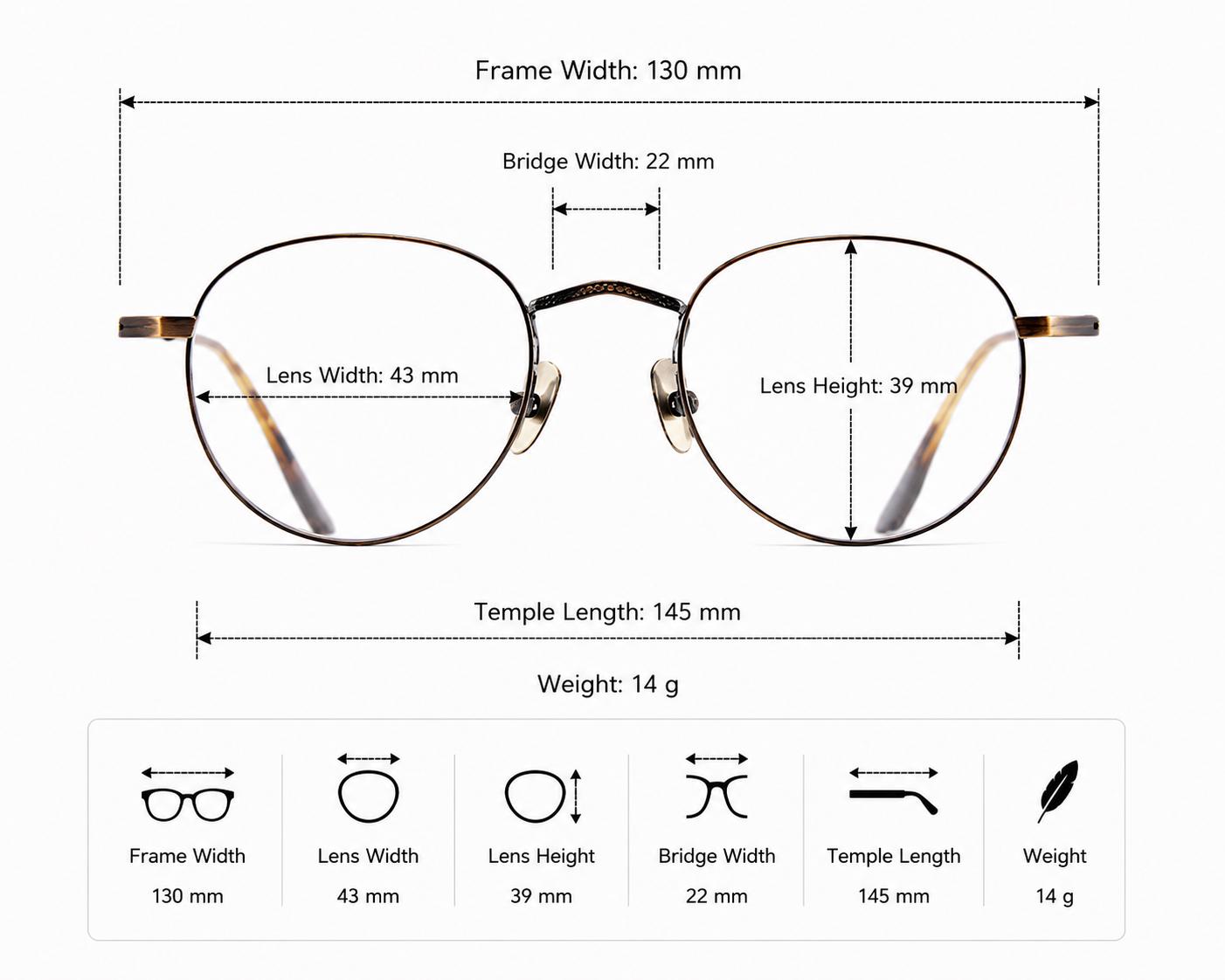 Minimalist Round Eyeglasses, Bronze Gold Metal Frame, Small 43mm Round Glasses, Titanium Nose Pads, Made in Korea, Lightweight Optical Frame — view 10