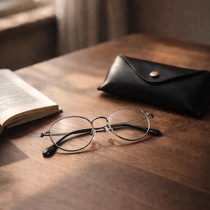 Puede incluir: Gafas de forma ovalada con monturas met&aacute;licas finas y puntas de patilla negras, colocadas junto a un estuche para gafas negro tipo sobre con un cierre de bot&oacute;n a presi&oacute;n dorado y un libro abierto con p&aacute;ginas de texto visibles.