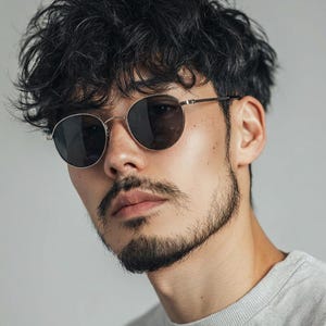 May include: Close-up of round sunglasses with a thin, silver frame and dark lenses. The image shows the sunglasses on a person's face, with a beard and dark hair. The person is wearing a grey top.