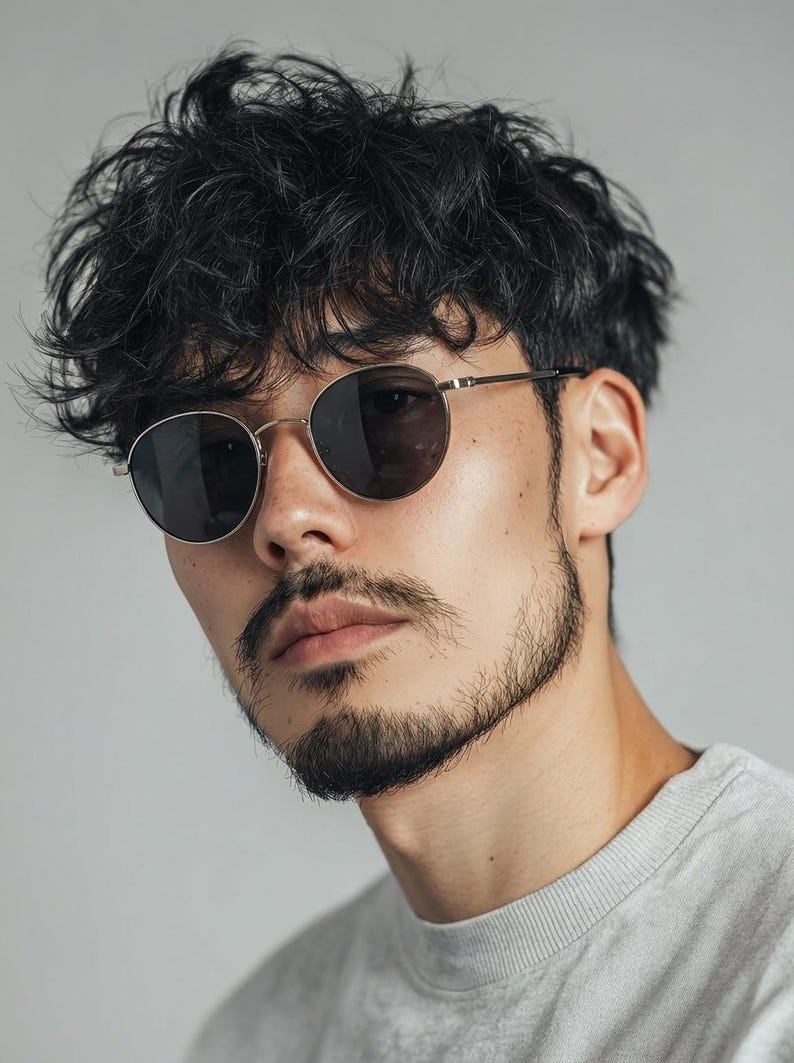 May include: Close-up of round sunglasses with a thin, silver frame and dark lenses. The image shows the sunglasses on a person's face, with a beard and dark hair. The person is wearing a grey top.