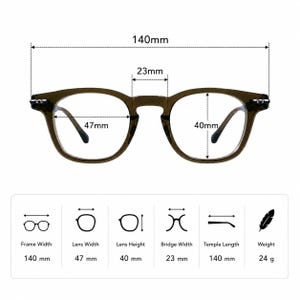 May include: Dark brown eyeglasses with measurements: 140 mm frame width, 47 mm lens width, 40 mm lens height, 23 mm bridge width, 140 mm temple length, and 24 g weight. The glasses have a round shape.
