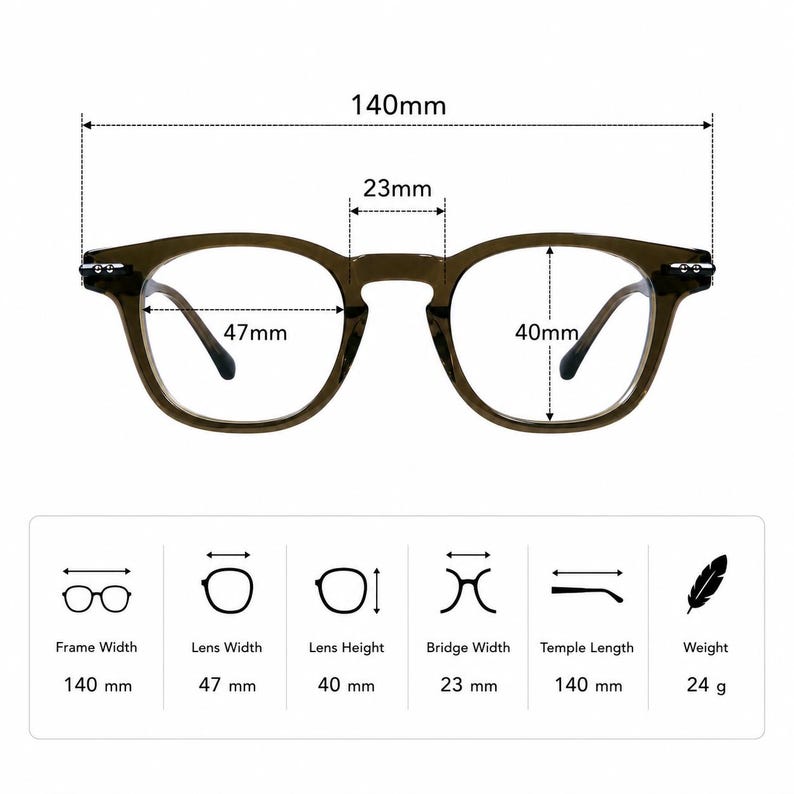May include: Dark brown eyeglasses with measurements: 140 mm frame width, 47 mm lens width, 40 mm lens height, 23 mm bridge width, 140 mm temple length, and 24 g weight. The glasses have a round shape.