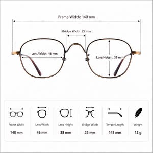 May include: Round-framed eyeglasses with brown lenses and a gold-colored metal frame. The frame width is 140 mm, lens width is 46 mm, lens height is 38 mm, and bridge width is 25 mm. The temple length is 145 mm, and the weight is 12 g.