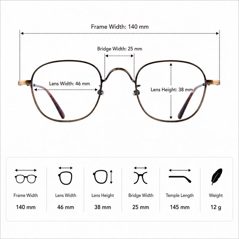 May include: Round-framed eyeglasses with brown lenses and a gold-colored metal frame. The frame width is 140 mm, lens width is 46 mm, lens height is 38 mm, and bridge width is 25 mm. The temple length is 145 mm, and the weight is 12 g.