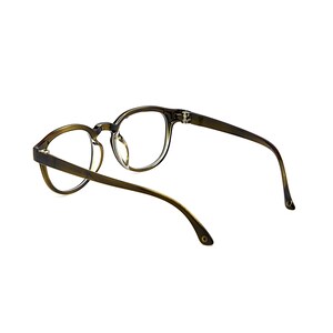 May include: A pair of olive green eyeglasses with round frames and clear lenses. The glasses feature a thin bridge, curved temples, and visible hinges connecting the frame front to the arms, showcasing a translucent finish throughout the structure.