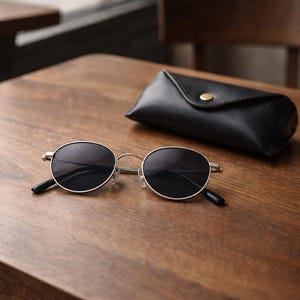 May include: Oval sunglasses with dark lenses and a silver frame are on a wooden table. A black leather case with a gold button is also present. The sunglasses have a classic, minimalist design, suitable for everyday wear.