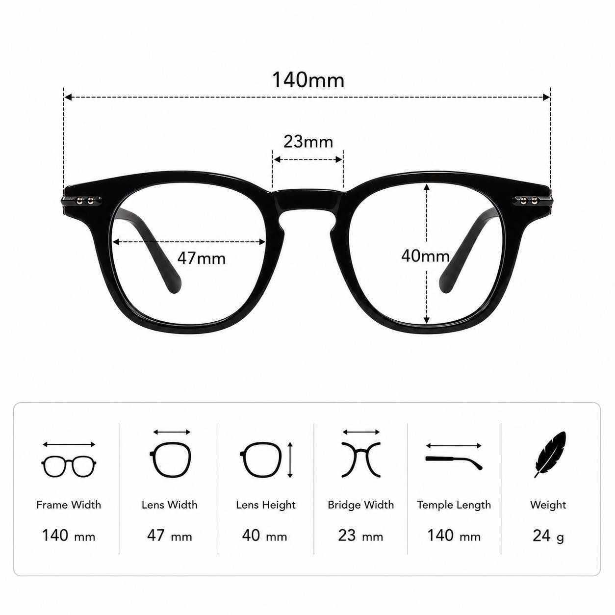 Black Acetate Eyeglasses, Classic Square Frame, Lightweight Everyday Glasses, Unisex Korean Style Optical Frame — view 5