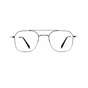 May include: Silver-toned metal eyeglasses featuring a double bridge design with a thin, rectangular frame shape. The glasses have clear lenses and black temple tips, providing a clean and structured look for the wearer's face.