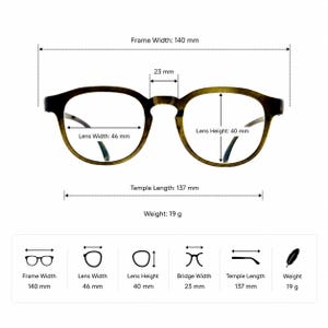 May include: Olive green tortoise shell glasses with a frame width of 140 mm, lens width of 46 mm, lens height of 40 mm, bridge width of 23 mm, temple length of 137 mm, and a total weight of 19 g. The diagram displays these specific measurements.