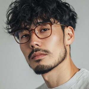 K&ouml;nnte beinhalten: Eine Person mit einer braun gerahmten Brille mit quadratischer Form. Die Brille hat einen goldfarbenen B&uuml;gel. Die Person hat dunkles Haar und einen Bart. Der Hintergrund ist einfarbig hellgrau.