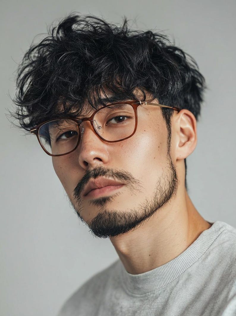 K&ouml;nnte beinhalten: Eine Person mit einer braun gerahmten Brille mit quadratischer Form. Die Brille hat einen goldfarbenen B&uuml;gel. Die Person hat dunkles Haar und einen Bart. Der Hintergrund ist einfarbig hellgrau.