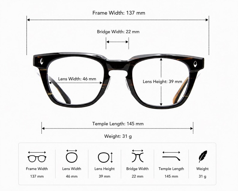 May include: Tortoiseshell-patterned eyeglasses with a frame width of 137 mm, bridge width of 22 mm, lens width of 46 mm, lens height of 39 mm, temple length of 145 mm, and a total weight of 31 g. The frame features small silver-toned accents.