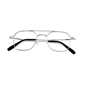 May include: Silver-toned metal eyeglasses featuring a double bridge design with a thin, rectangular frame shape. The glasses have clear lenses and black temple tips, providing a clean and structured look for the wearer's face and eyes.