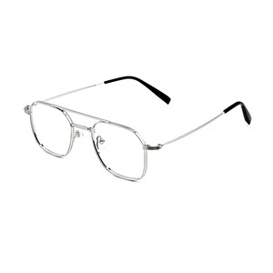May include: Silver-toned metal eyeglasses featuring a double bridge design and a geometric frame shape. The thin temples are finished with black plastic tips at the ends, providing a contrast to the metallic frame and clear lenses.