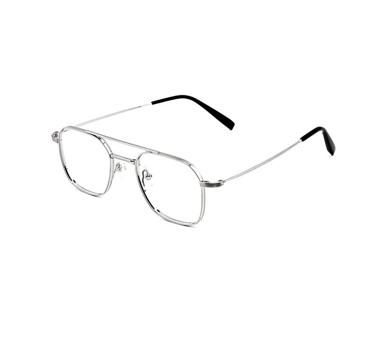 May include: Silver-toned metal eyeglasses featuring a double bridge design and a geometric frame shape. The thin temples are finished with black plastic tips at the ends, providing a contrast to the metallic frame and clear lenses.