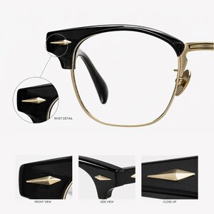 May include: Black and gold spectacles featuring a browline frame design. The black acetate upper frame is accented with a metallic gold diamond-shaped rivet detail. The lower frame is constructed from thin gold metal wire with adjustable nose pads.