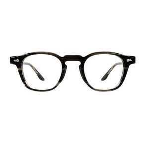 May include: Round-framed eyeglasses with a dark gray and black striped pattern. The glasses have a keyhole bridge and small silver accents on the temples. The lenses are clear.