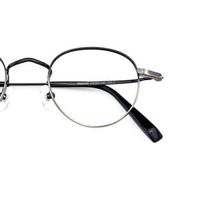 May include: Round eyeglasses with a thin black metal frame and silver-toned lower rims. The inner temple is printed with the text Mijatović 43□22-145 COL.1. The glasses feature clear nose pads and black temple tips, showcasing a sleek design.
