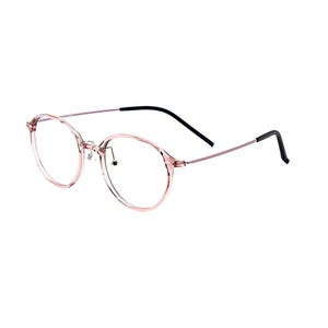 May include: Round eyeglasses featuring a translucent light pink plastic frame, thin metallic pink temples, and black temple tips. The glasses include adjustable nose pads and clear lenses, presenting a lightweight and simple design for daily eyewear.