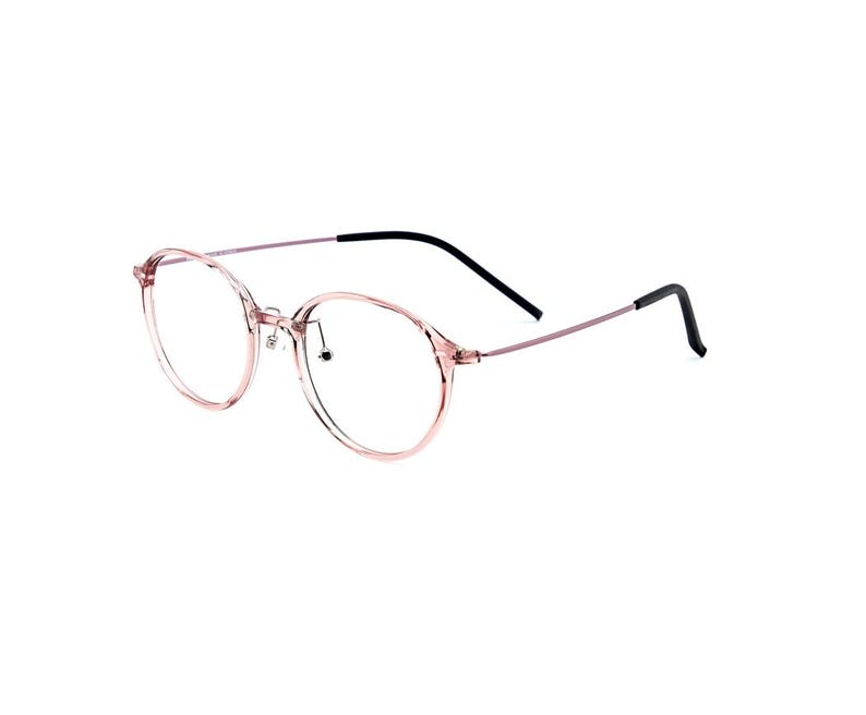 May include: Round eyeglasses featuring a translucent light pink plastic frame, thin metallic pink temples, and black temple tips. The glasses include adjustable nose pads and clear lenses, presenting a lightweight and simple design for daily eyewear.