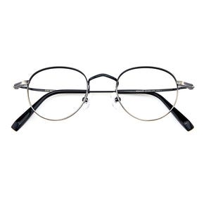 May include: Round eyeglasses featuring a thin black metal frame with silver-toned accents at the hinges and bridge. The temples are black with a glossy finish, and the clear lenses are held by a delicate wire rim. The frame includes adjustable nose pads.