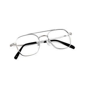 May include: Silver-toned metal eyeglasses featuring a double bridge design and a square frame shape. The glasses have clear lenses and black temple tips, providing a clean and structured look with adjustable nose pads for a secure fit.