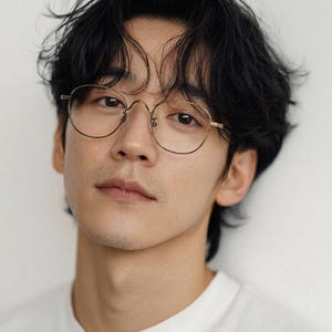 May include: A portrait of a person with dark hair and round, gold-rimmed eyeglasses. The person is wearing a white t-shirt. The background is a plain white wall.
