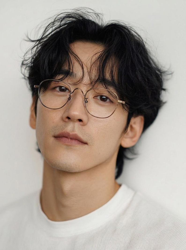 May include: A portrait of a person with dark hair and round, gold-rimmed eyeglasses. The person is wearing a white t-shirt. The background is a plain white wall.