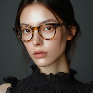 Puede incluir: Gafas de montura redonda con estampado de carey. Las gafas tienen una montura marr&oacute;n oscuro y las lleva una persona con cabello oscuro y una parte superior negra. Las gafas son de estilo cl&aacute;sico.