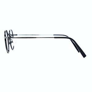 May include: A pair of eyeglasses shown from a side profile view, featuring thin black frames with a rounded shape. The temples are slender and metallic, transitioning into black plastic tips at the ends, with visible nose pads and hinges.
