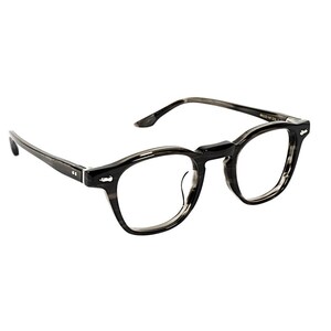 May include: A pair of eyeglasses with a dark gray and black marbled pattern. The frames have a rounded, rectangular shape. The temples are thin and extend back to the ear. The lenses are clear.