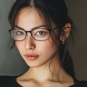 Puede incluir: Retrato de una persona con gafas de montura negra. Las gafas tienen forma rectangular. La persona tiene el pelo oscuro y lleva una camiseta negra. El fondo es gris neutro.