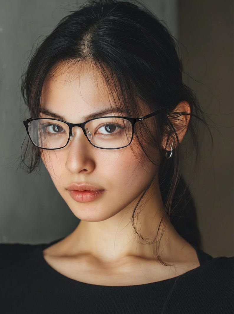 Puede incluir: Retrato de una persona con gafas de montura negra. Las gafas tienen forma rectangular. La persona tiene el pelo oscuro y lleva una camiseta negra. El fondo es gris neutro.