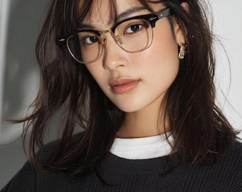 Schwarz Gold Browline Brille | Vintage moderne quadratische Brillen | Asiatische Passform