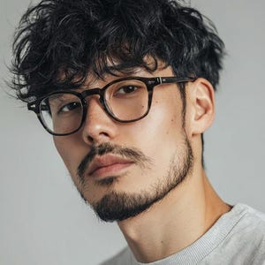 May include: A person wearing dark brown, square-framed eyeglasses. The glasses have a tortoiseshell pattern. The person has dark hair, a beard, and a gray crew neck shirt. The background is a solid, light gray.
