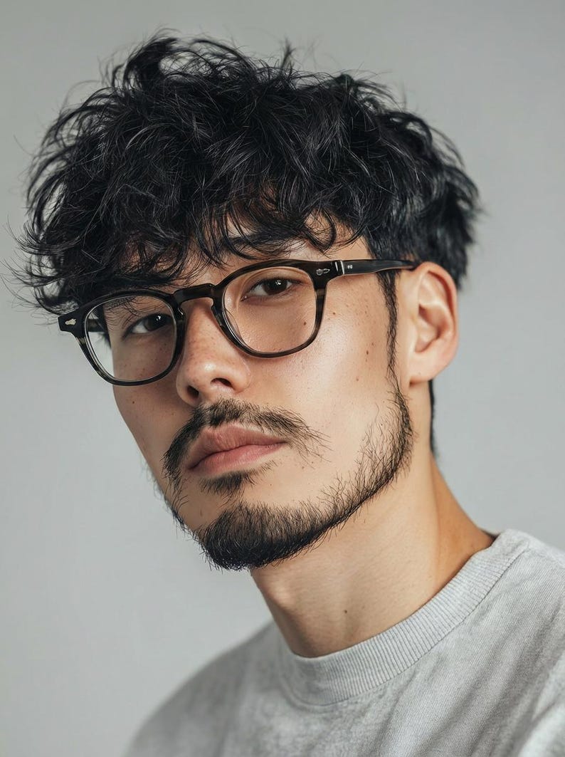 May include: A person wearing dark brown, square-framed eyeglasses. The glasses have a tortoiseshell pattern. The person has dark hair, a beard, and a gray crew neck shirt. The background is a solid, light gray.