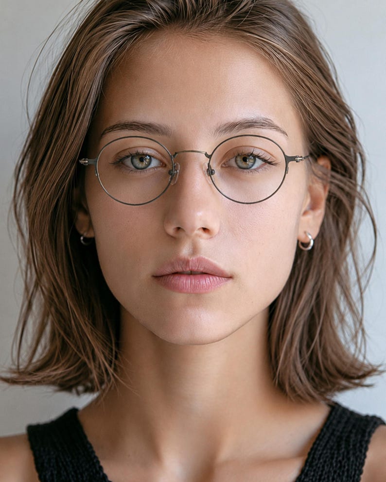 May include: Round eyeglasses with a thin, dark metallic frame and clear lenses. The glasses feature a simple bridge design and slender temples that extend to the sides, providing a clean and functional look for everyday vision correction needs.